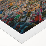 Art deco poster of a Caribbean scenery in vibrant blue and green tones on rolled canvas, suitable for dining room wall art.