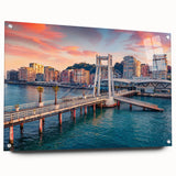 Acrylic print of a large abstract depiction of an Albanian landscape in cool blue and green tones.