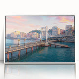 Mid-century modernist art depicting a European Albanian landscape in muted earth tones, framed in white acrylic.