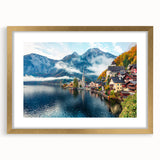 Abstract art print of a European scenery in muted earth tones, framed in gold, suitable for dining room decor.