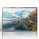 Art deco poster of a European scenery in Austria with muted earth tones on a silver-framed acrylic.