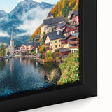 Extra large framed canvas featuring a textured depiction of a European scenery, predominantly in black with colorful accents.