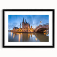Extra large abstract art print of a European scenery in vibrant colors on a black framed canvas.