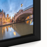 Extra large framed canvas featuring a textured black wall art scene of a European town, with vibrant colorful accents.