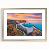 Extra large abstract art print of a European scenery in muted earth tones, framed in silver, ideal for living room decor.