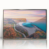 Large art print of a European Bulgarian landscape in mid-century modernist style, framed in silver acrylic.