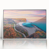 Mid-century modernist art depicting a European Bulgarian landscape in muted earth tones on a framed acrylic.