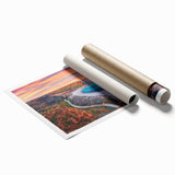 Extra large rolled print of a Bulgarian landscape featuring vibrant floral elements, ideal for classy bathroom wall art.