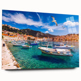 Large abstract wall art depicting a Croatian landscape on acrylic glass, ideal for bedroom or dining room decor.