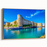 Framed canvas depicting a vintage-style landscape painting of a European scenery in muted earth tones.