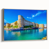Framed canvas of a vintage European landscape painting, featuring muted earth tones, ideal for living room decor.