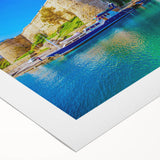 Art deco poster featuring a vibrant European Cyprus landscape on rolled canvas, ideal for dining room wall art.
