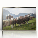 Large art print featuring a serene Cumbrian landscape in muted greens and blues, framed in silver acrylic.