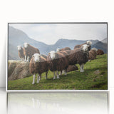 Mid-century modernist art of Cumbria landscape in muted earth tones on a white framed acrylic, suitable for nursery wall art.