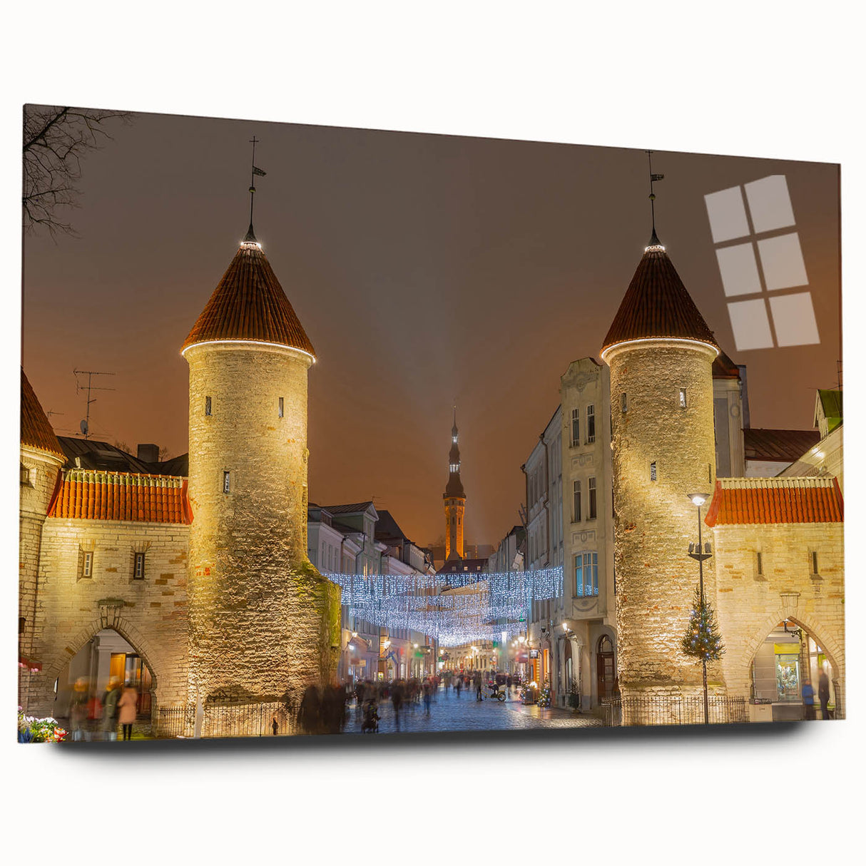Large abstract wall art of a European scenery in muted tones on acrylic glass, suitable for bedroom or dining room decor.