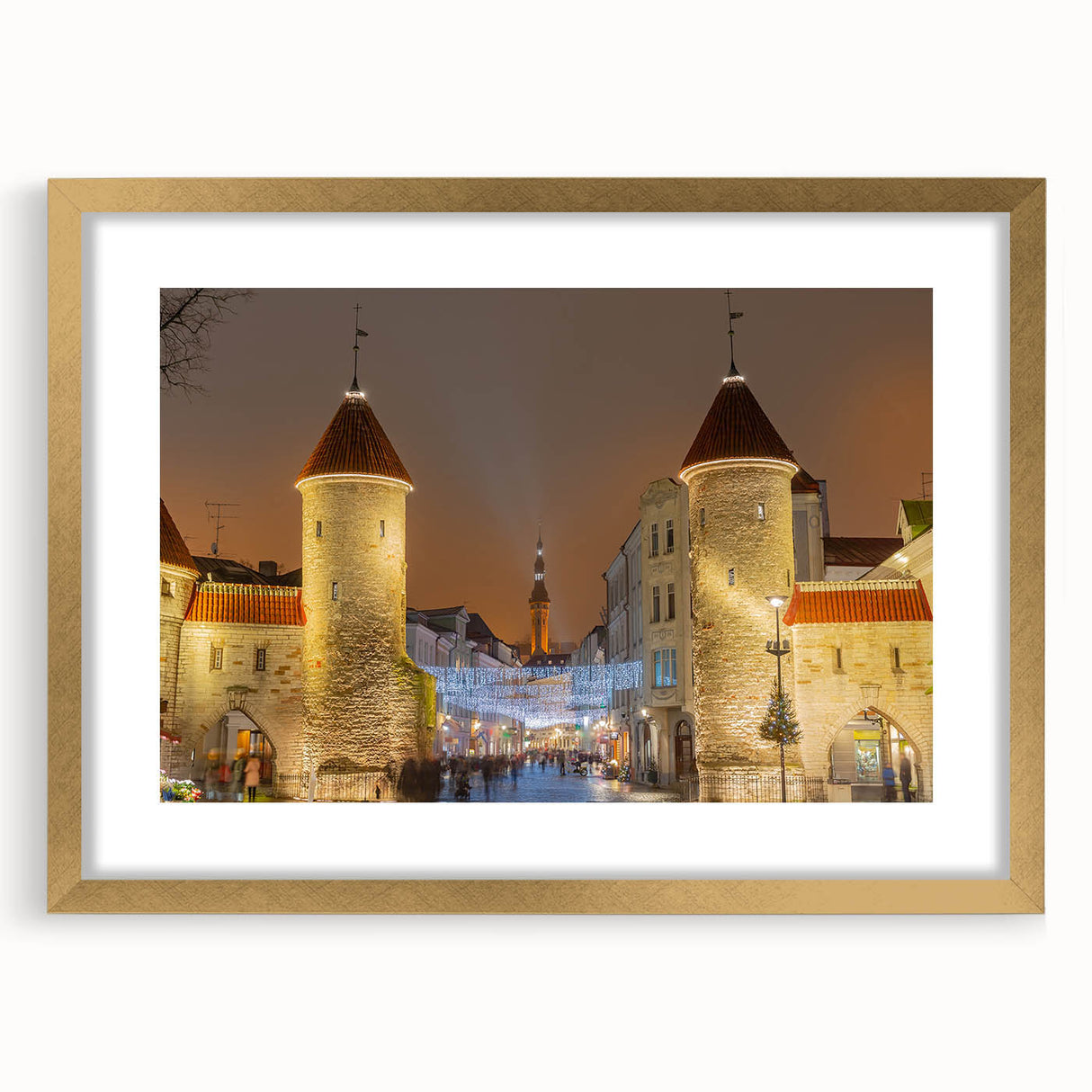 Abstract art print of a European landscape in muted greens and blues on a gold-framed canvas, suitable for dining room decor.