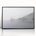 Large abstract wall art depicting a serene Finnish landscape in muted gray and blue tones, framed in black acrylic.