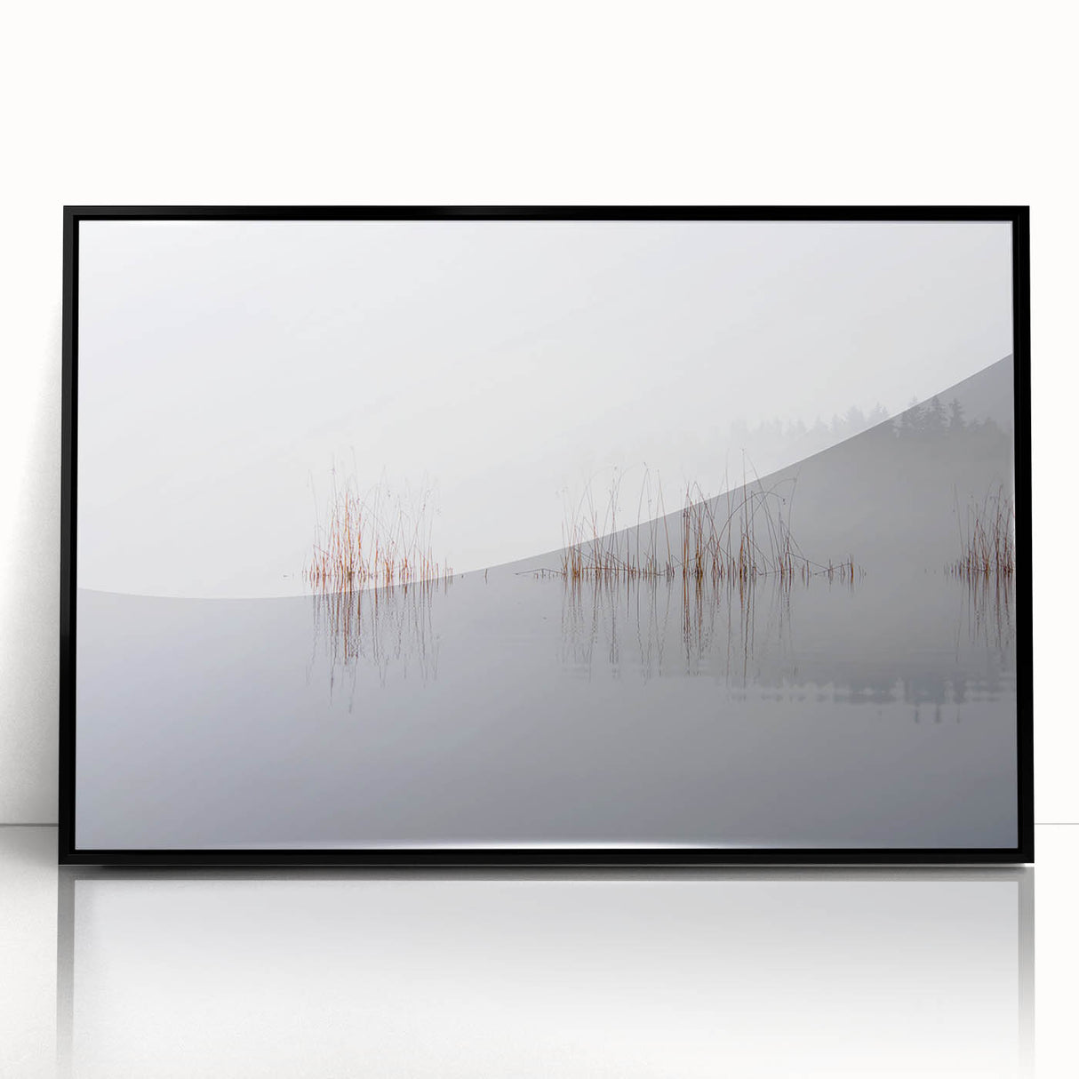 Large abstract wall art depicting a serene Finnish landscape in muted gray and blue tones, framed in black acrylic.