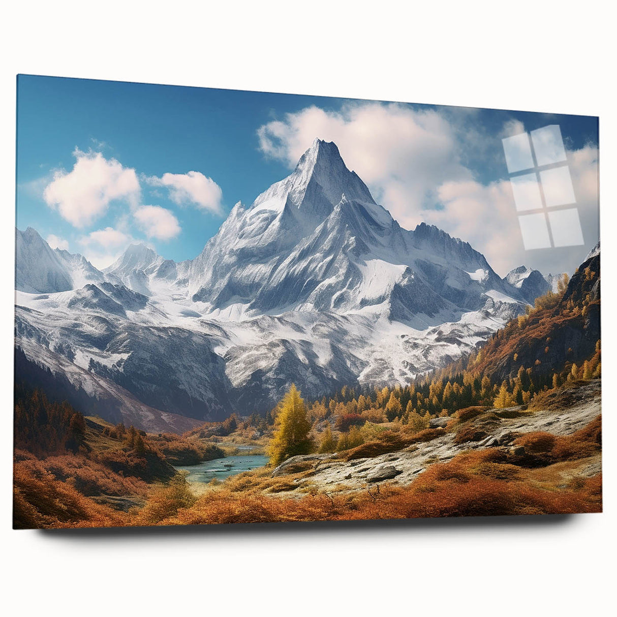 Large abstract wall art of the French Alps in muted earth tones on acrylic glass, ideal for bedroom or dining room decor.