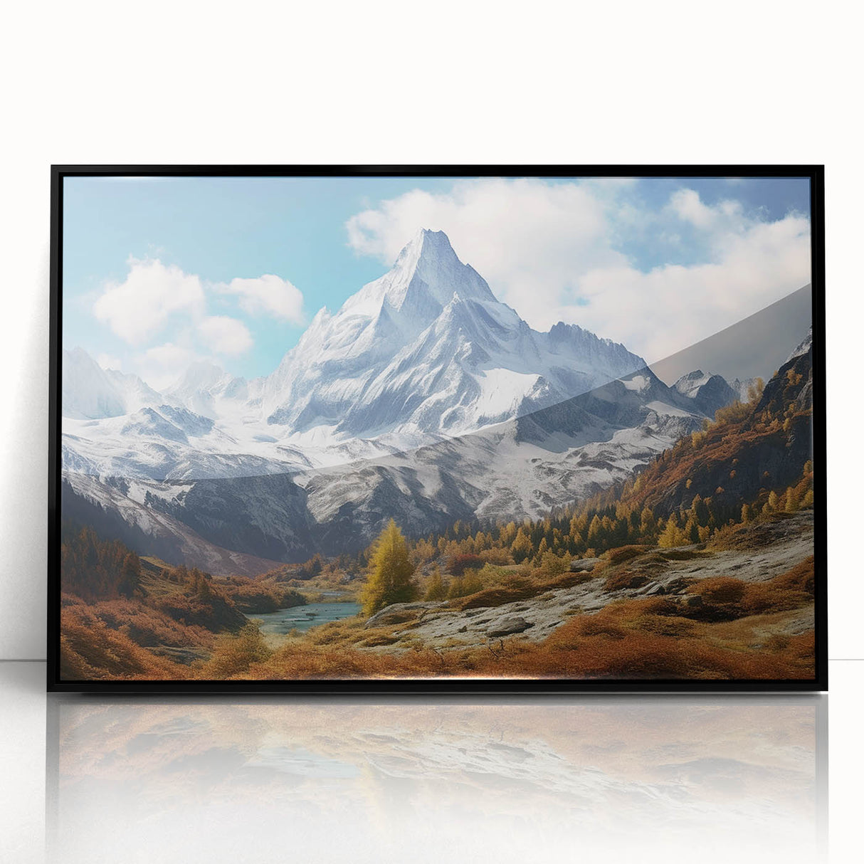 Large abstract wall art of the French Alps in muted earth tones on a framed acrylic, suitable for modern living room decor.