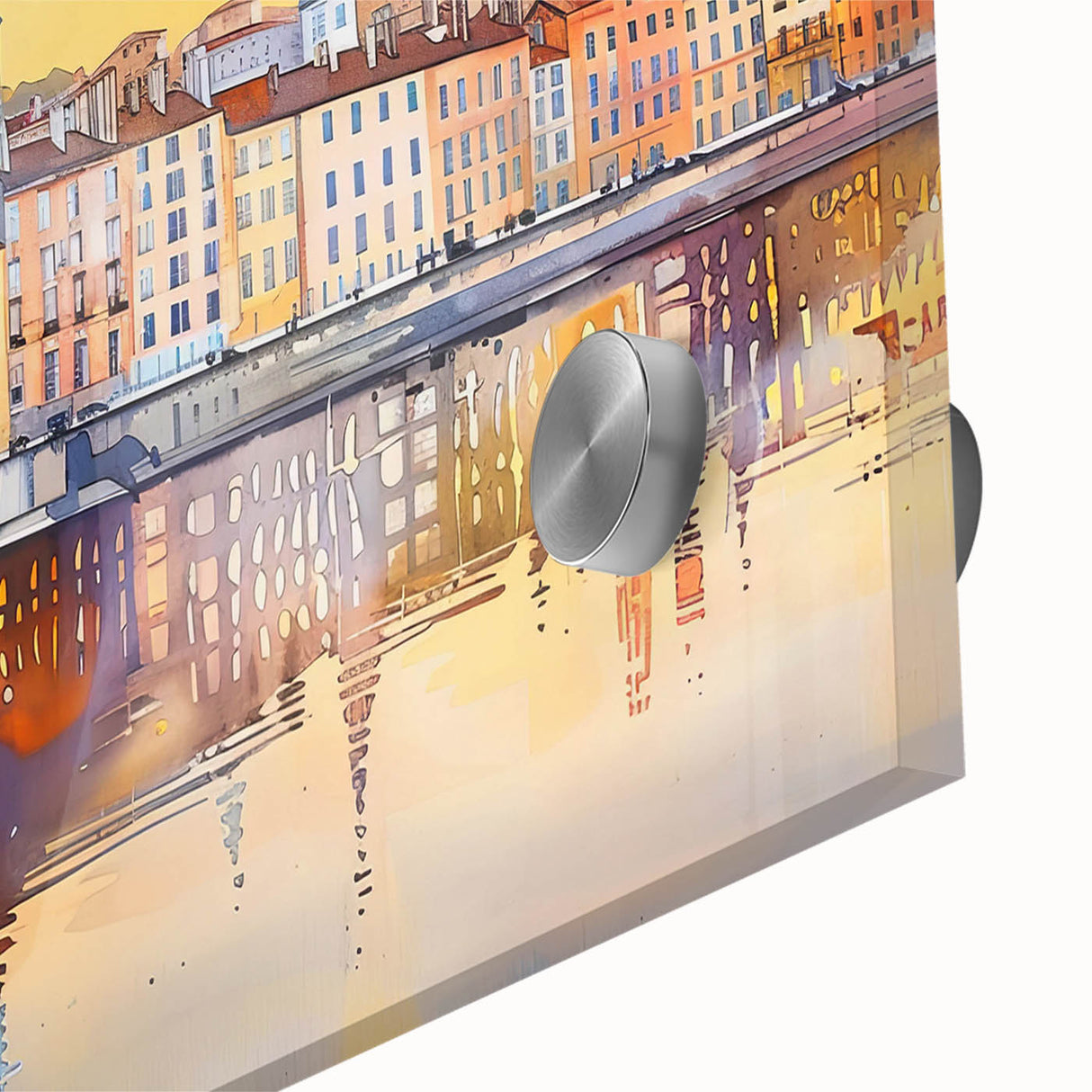 Mid-century modernist acrylic print of abstract Lyon scenery in muted earth tones, ideal for dining room art.