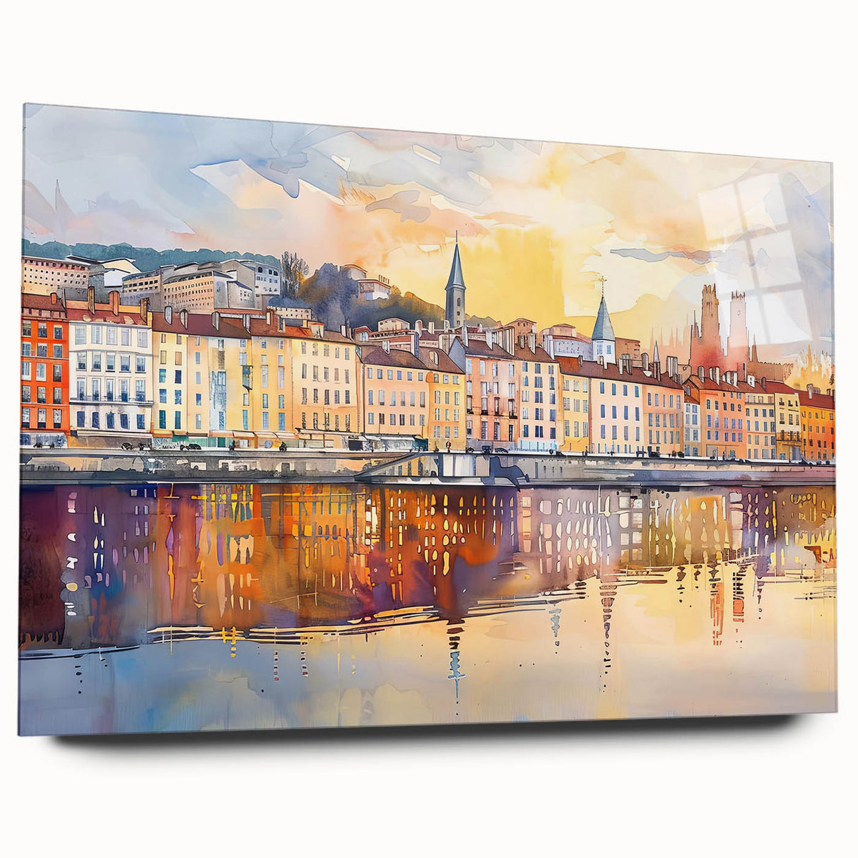 Large abstract depiction of Lyon on acrylic glass, featuring cool gray and blue tones, ideal for bedroom or dining room art.