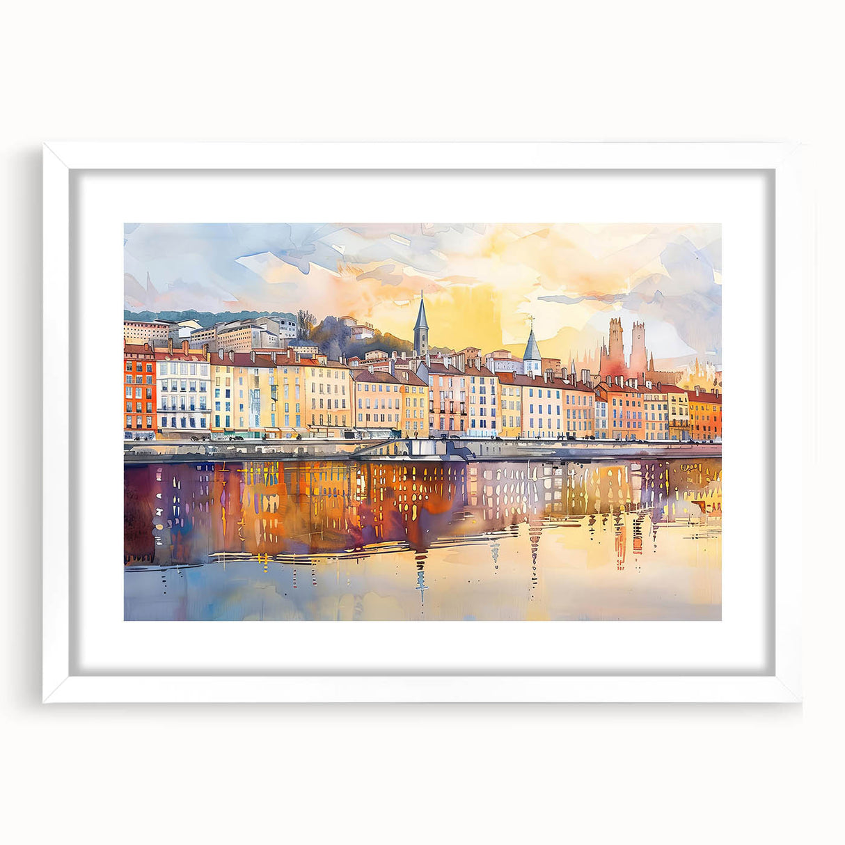 Textured abstract art print of Lyon, France in muted earth tones on a white framed mat, ideal for bedroom art.