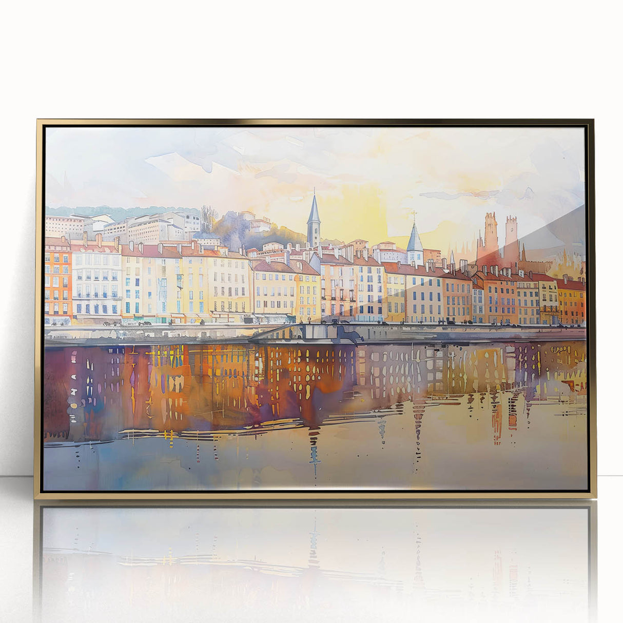 Art deco poster of Lyon, France, in muted gold tones on framed acrylic, suitable for modern art wall decor or nursery.