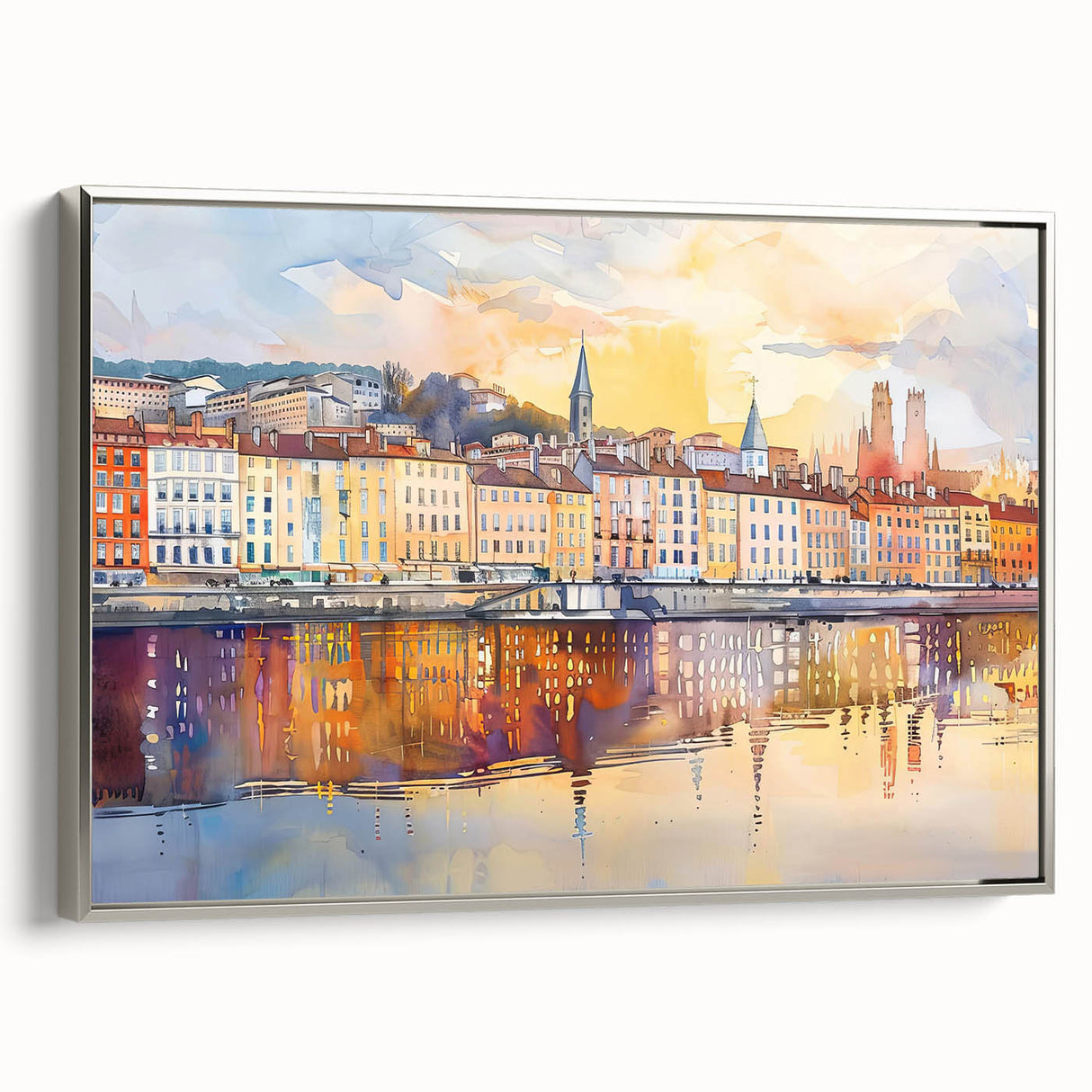 Framed canvas of a vintage-style Lyon landscape painting, featuring colorful art with black borders.