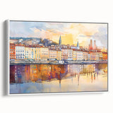 Vintage poster art of Lyon, France in colorful hues on a large framed canvas, ideal for living room decor.