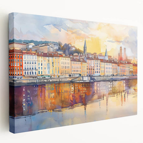 Large art print of Lyon, France skyline in muted earth tones on stretched canvas, suitable for kitchen wall art.