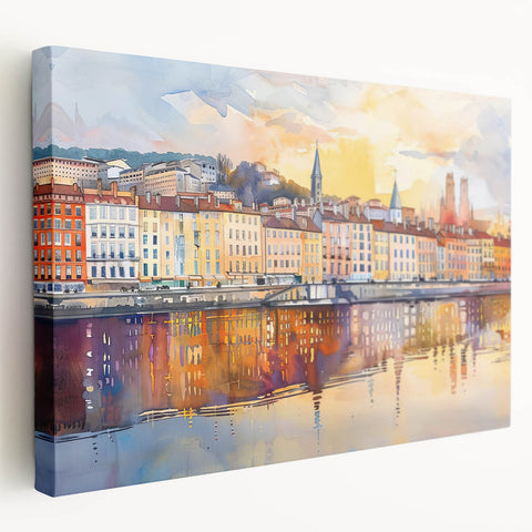 Large art print of Lyon, France skyline in muted earth tones on stretched canvas, suitable for kitchen wall art.