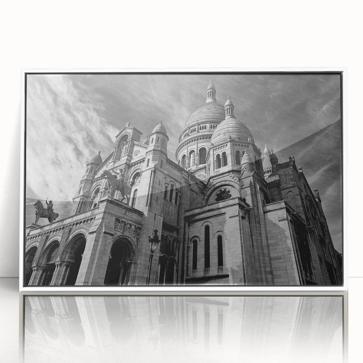 Mid-century modernist art of Paris skyline in muted gray and blue tones on framed acrylic, ideal for nursery wall art.