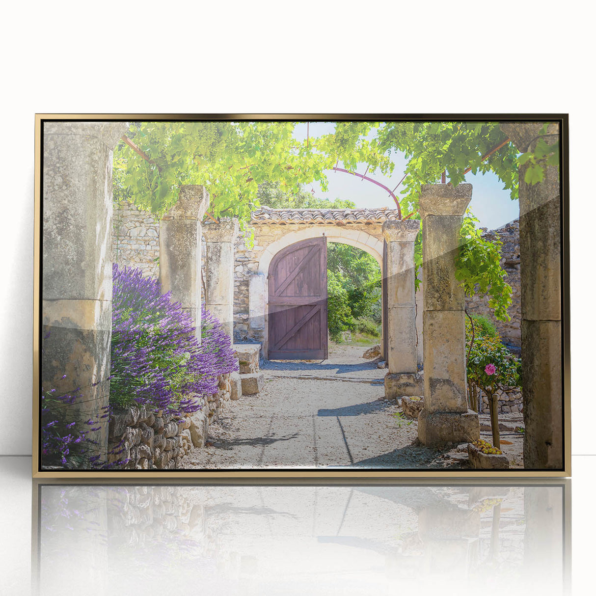 Large art print of a Provence, France scenery in mid-century modernist style, featuring muted earth tones on framed acrylic.