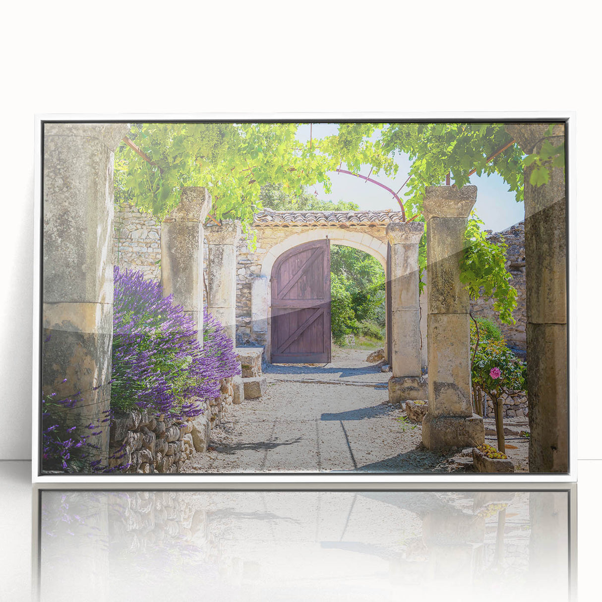 Art deco poster depicting a serene Provence landscape in soft pastel colors, framed in white acrylic.