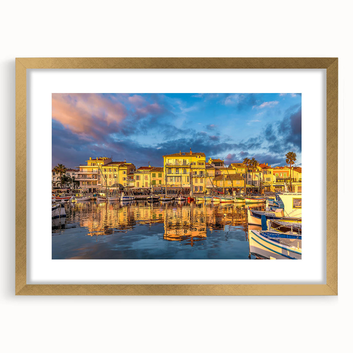 Abstract art print of a southern France landscape in muted earth tones, framed with a gold mat.