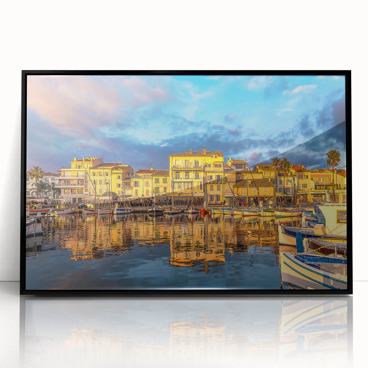Large abstract wall art depicting a South France scenery in mid-century modernist style, framed in black acrylic.
