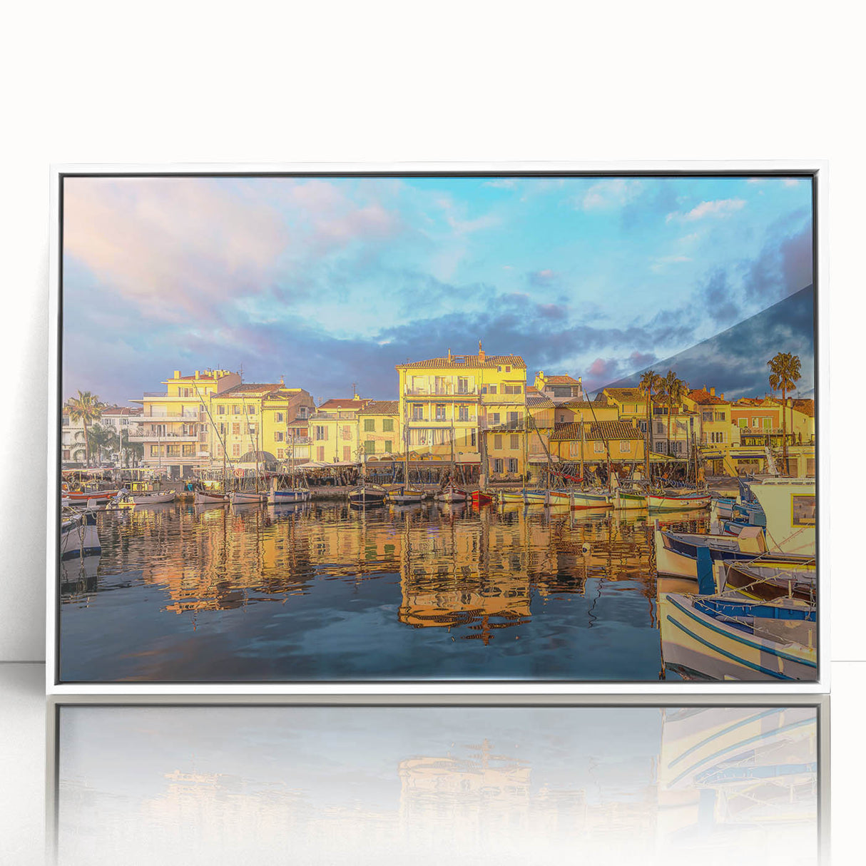 Mid-century modernist art depicting a serene South France landscape on white-framed acrylic, suitable for nursery wall art.