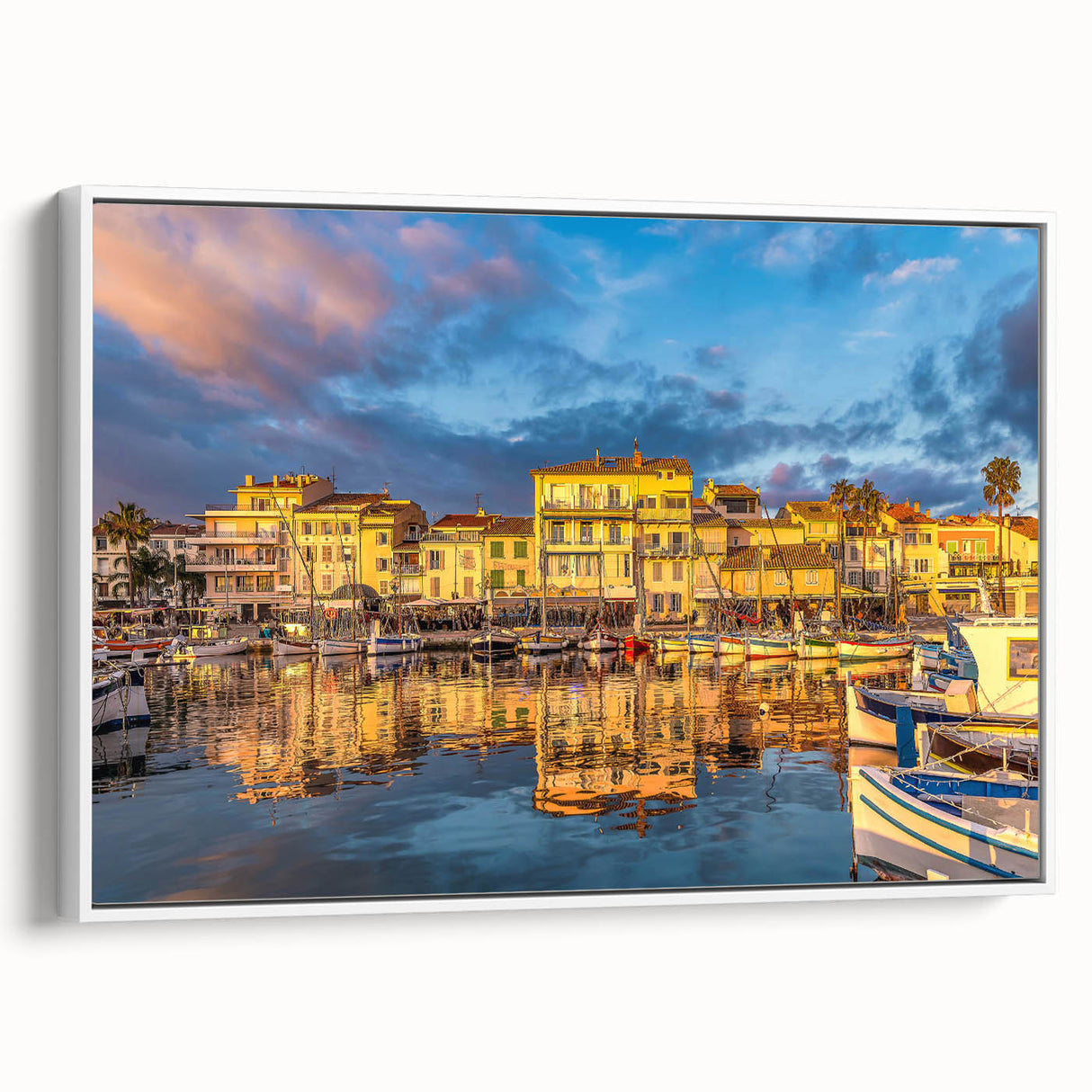 Vintage poster art of a colorful French scenery on extra large framed canvas, ideal for living room decor.