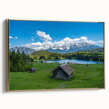 Framed canvas featuring a vintage-style landscape painting of Bavarian scenery, with muted earth tones.