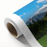 Art Deco style poster of Bavarian landscape on rolled canvas, using muted earth tones, ideal for nursery wall art.