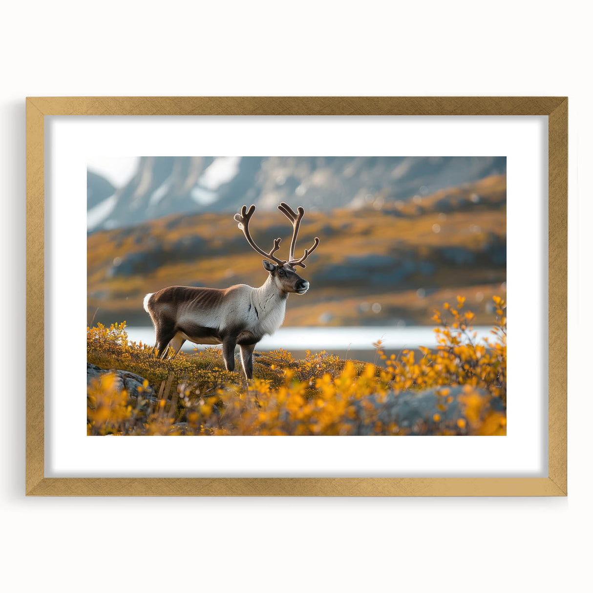 Abstract art print of a Greenland landscape in muted green and blue tones, framed in gold, suitable for dining room decor.