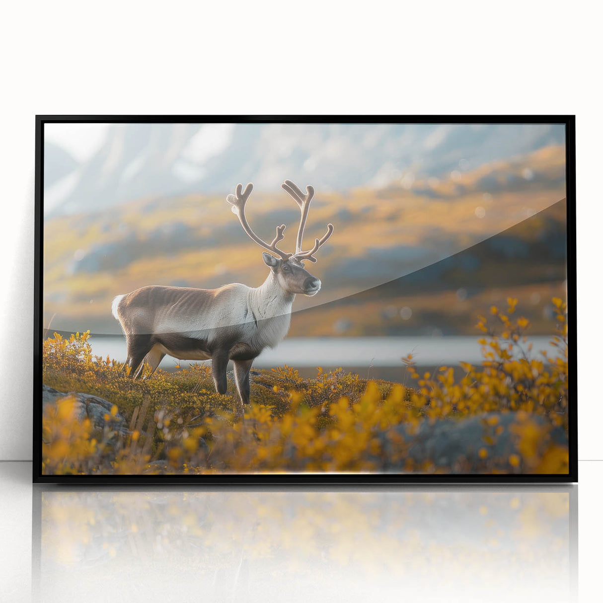 Large abstract wall art depicting a Greenlandic landscape in muted greens and blues on a framed acrylic.
