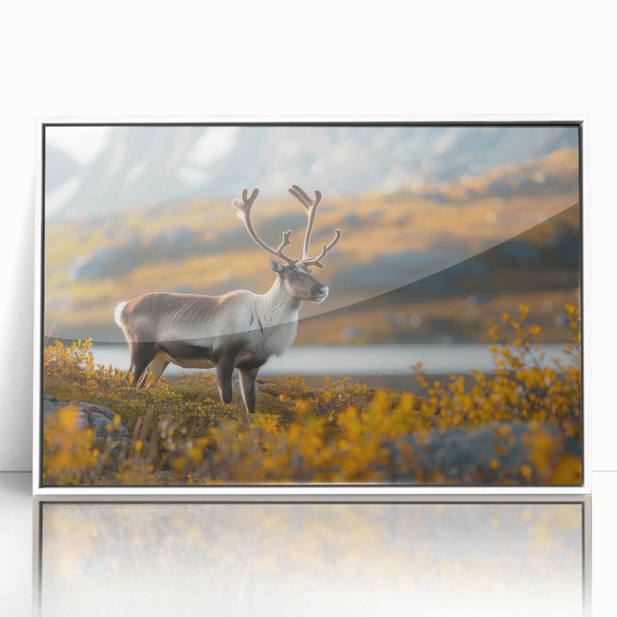 Mid-century modernist art depicting a serene Greenland landscape in muted green and white tones on framed acrylic.