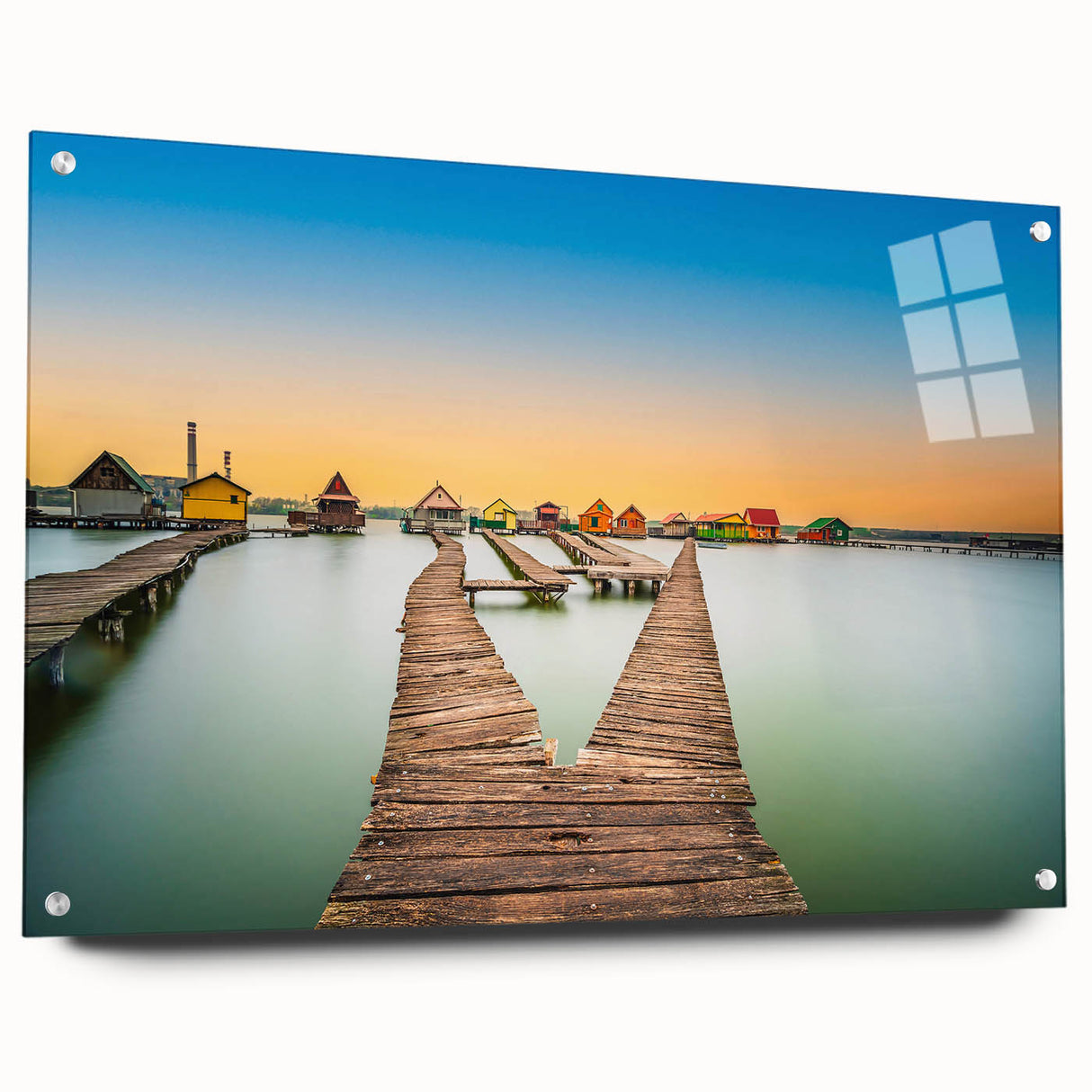Large abstract wall art of a European scenery in muted earth tones on acrylic glass.
