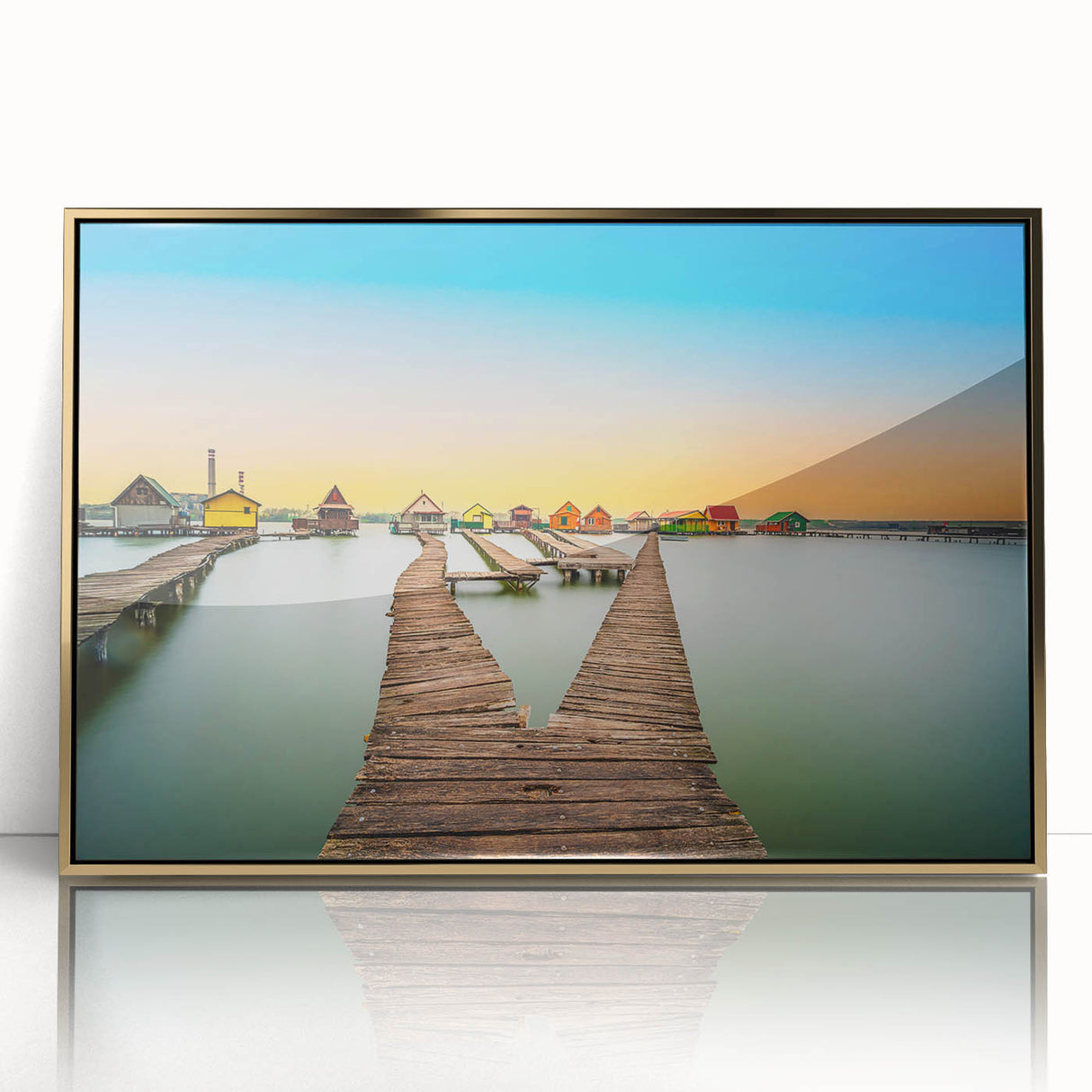 Large art print of a European cityscape in Hungary, featuring mid-century modernist style on a gold-framed acrylic.