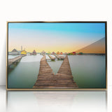 Large art print of a European cityscape in Hungary, featuring mid-century modernist style on a gold-framed acrylic.