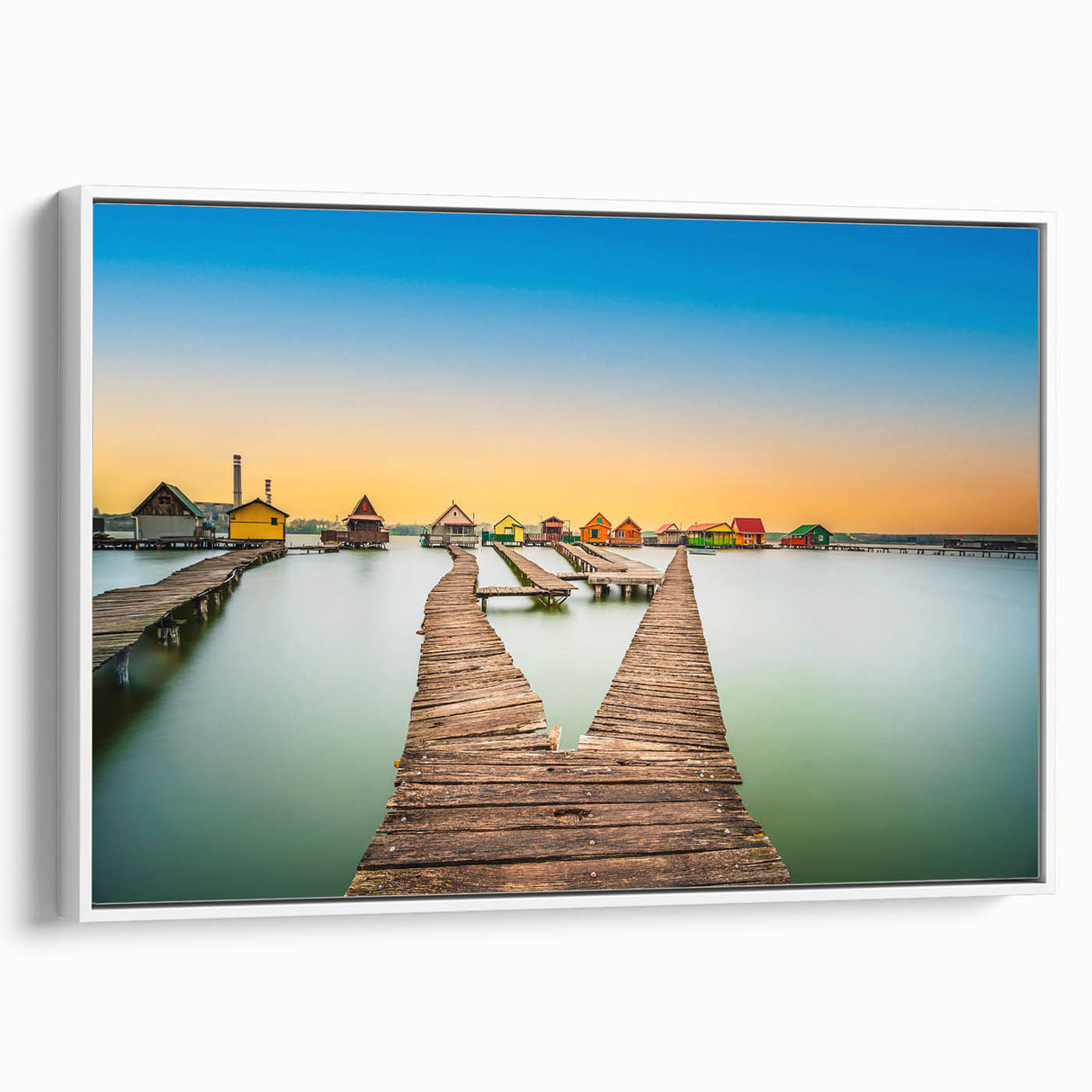 Vintage poster art of a European Hungarian scenery in vibrant colors on a large framed canvas, ideal for living room decor.