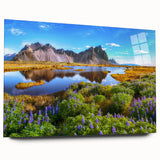 Large abstract wall art depicting an Icelandic scenery in muted blue and gray tones on acrylic glass.