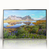 Framed acrylic print of a serene Icelandic landscape in muted earth tones, ideal for modern art wall decor.